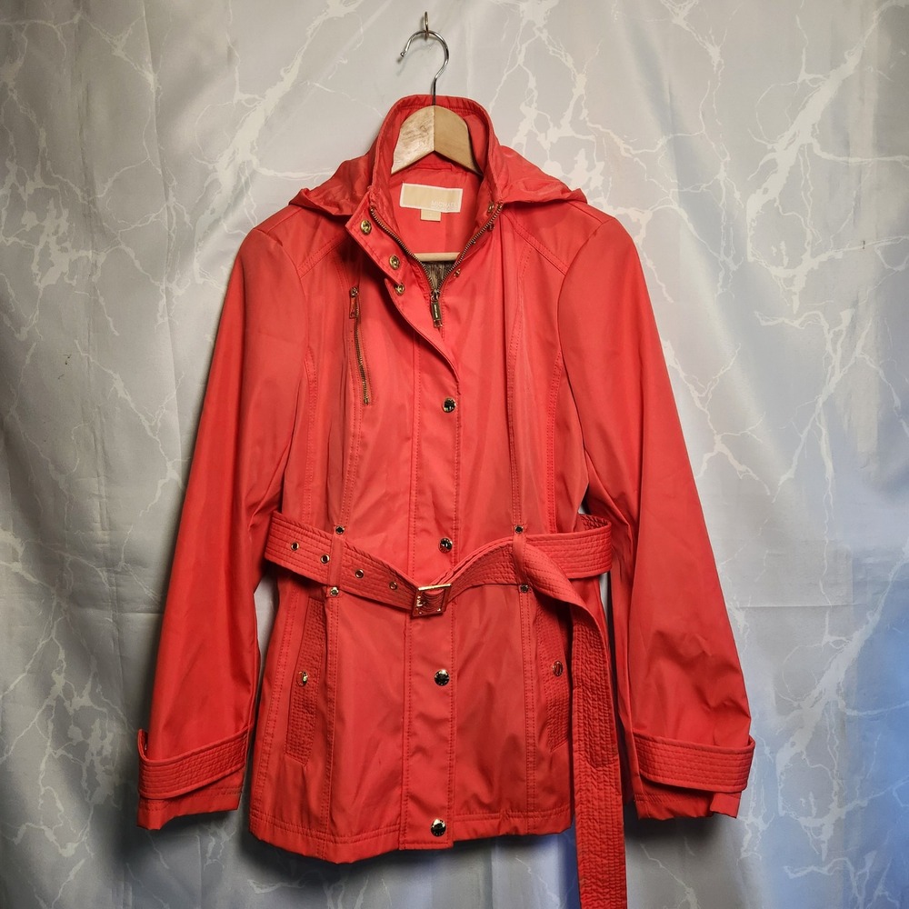 Michael Kors Rain Jacket Womens S Red/Gold Hooded Lined Rain/Light Belted Trench